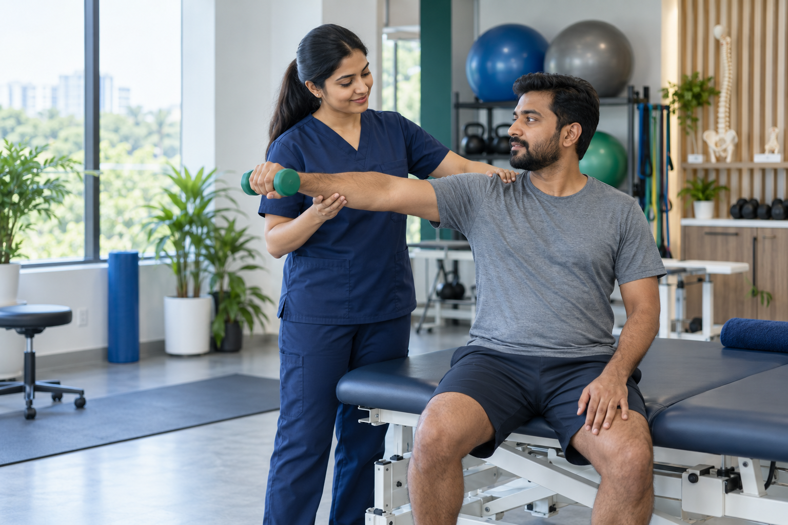 Physiotherapist guiding a patient through a shoulder rehabilitation exercise